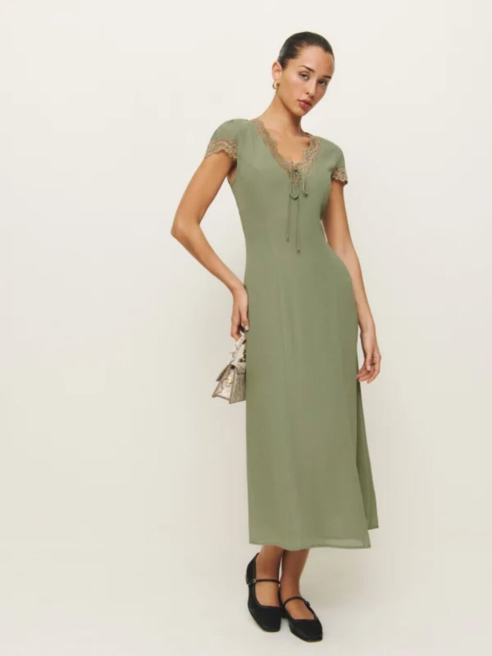 NWOT Reformation Tiffie Dress in Artichoke Green Midi Lace Size 6